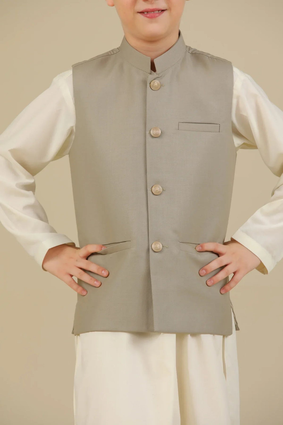 Beige Suiting Waistcoat - Straight Cut Buttoned - Kids