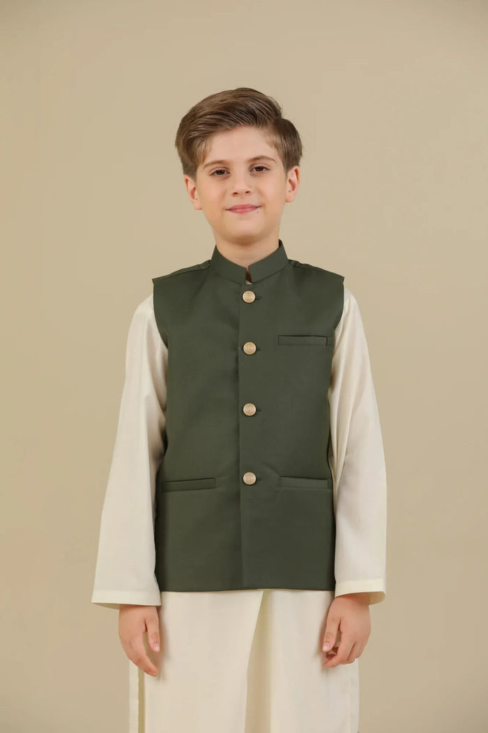 Army Green Suiting Waistcoat - Straight Cut Buttoned - Kids