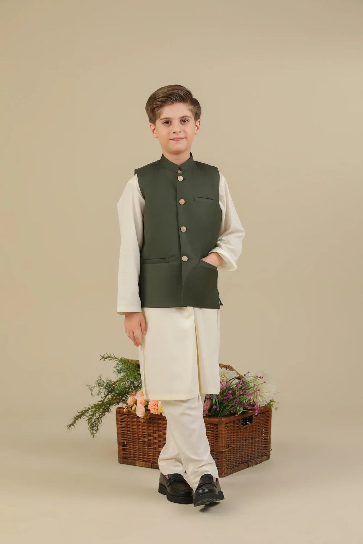 Army Green Suiting Waistcoat - Straight Cut Buttoned - Kids