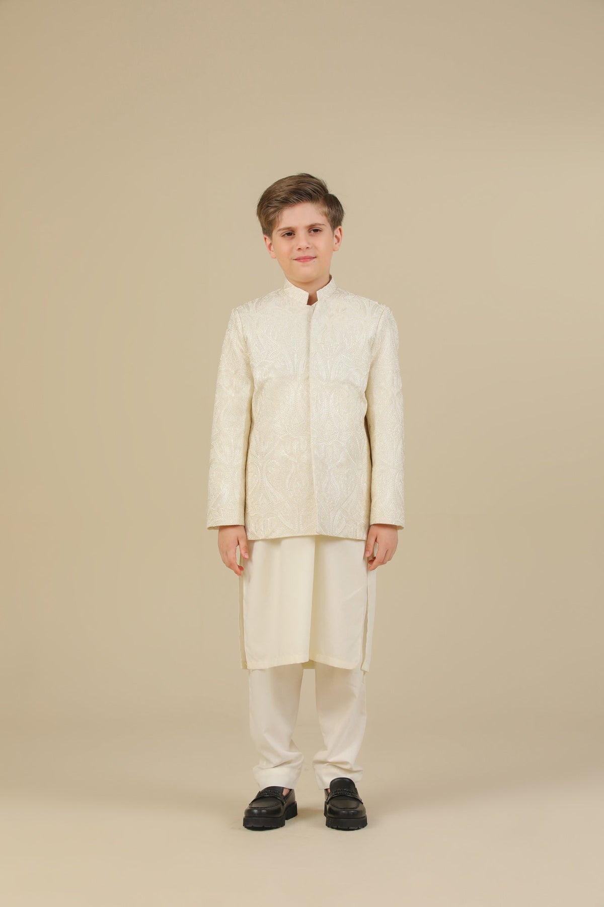 Bosky White Cross Stitched Embroidered Prince Coat - Kids