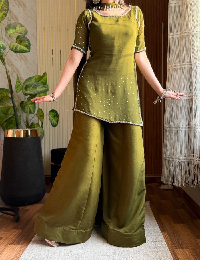 Green Hand Embellished Kurta Palazzo Pants With Dupatta