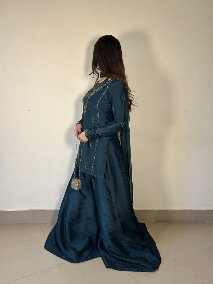 Green Hand Embellished Kurta Sharara Set With Dupatta