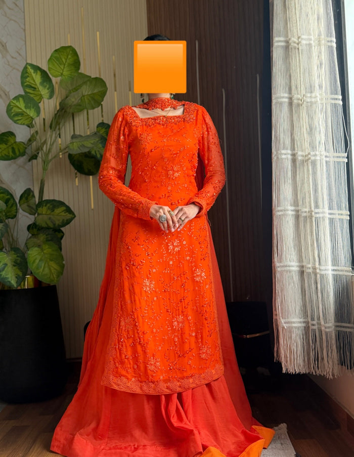 Orange Hand Embellished Long Kurta Sharara Set With Dupatta