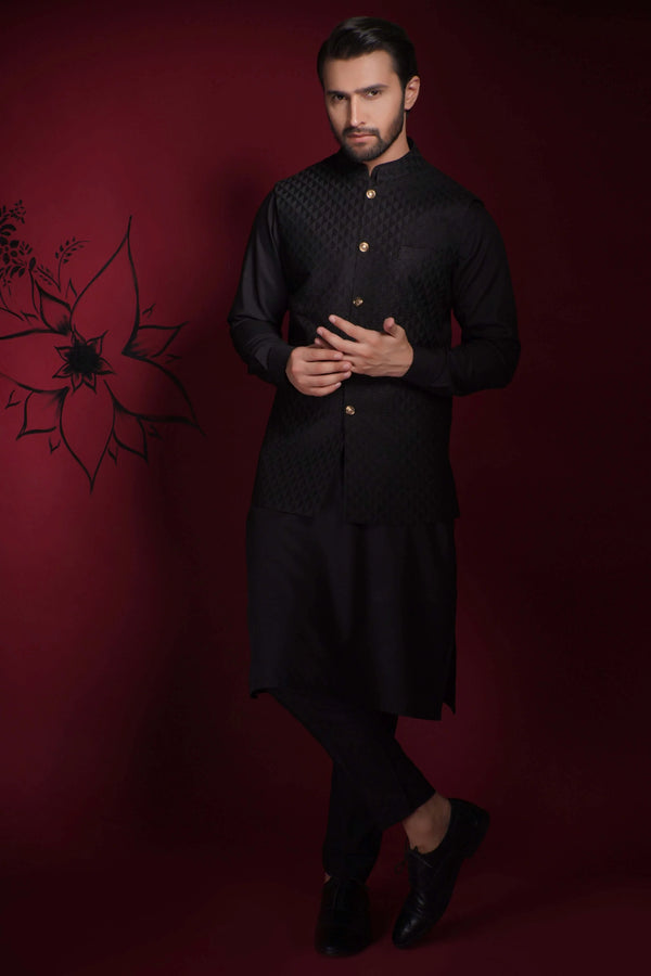 Jet Black diamond textured embroidered waistcoat set.