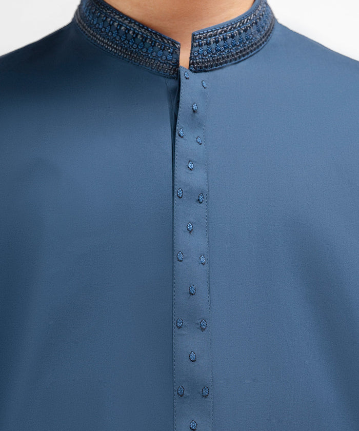 Prussian Blue Cotton Semi-Formal Kurta