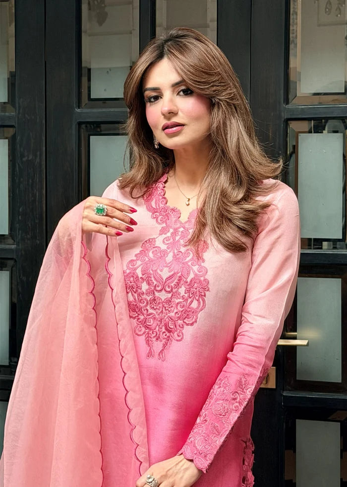 Rosebloom Pink Ombre Tussar Silk 3-Piece Suit Set | Eid & Formal Wear – Nuriyaa La Fiora