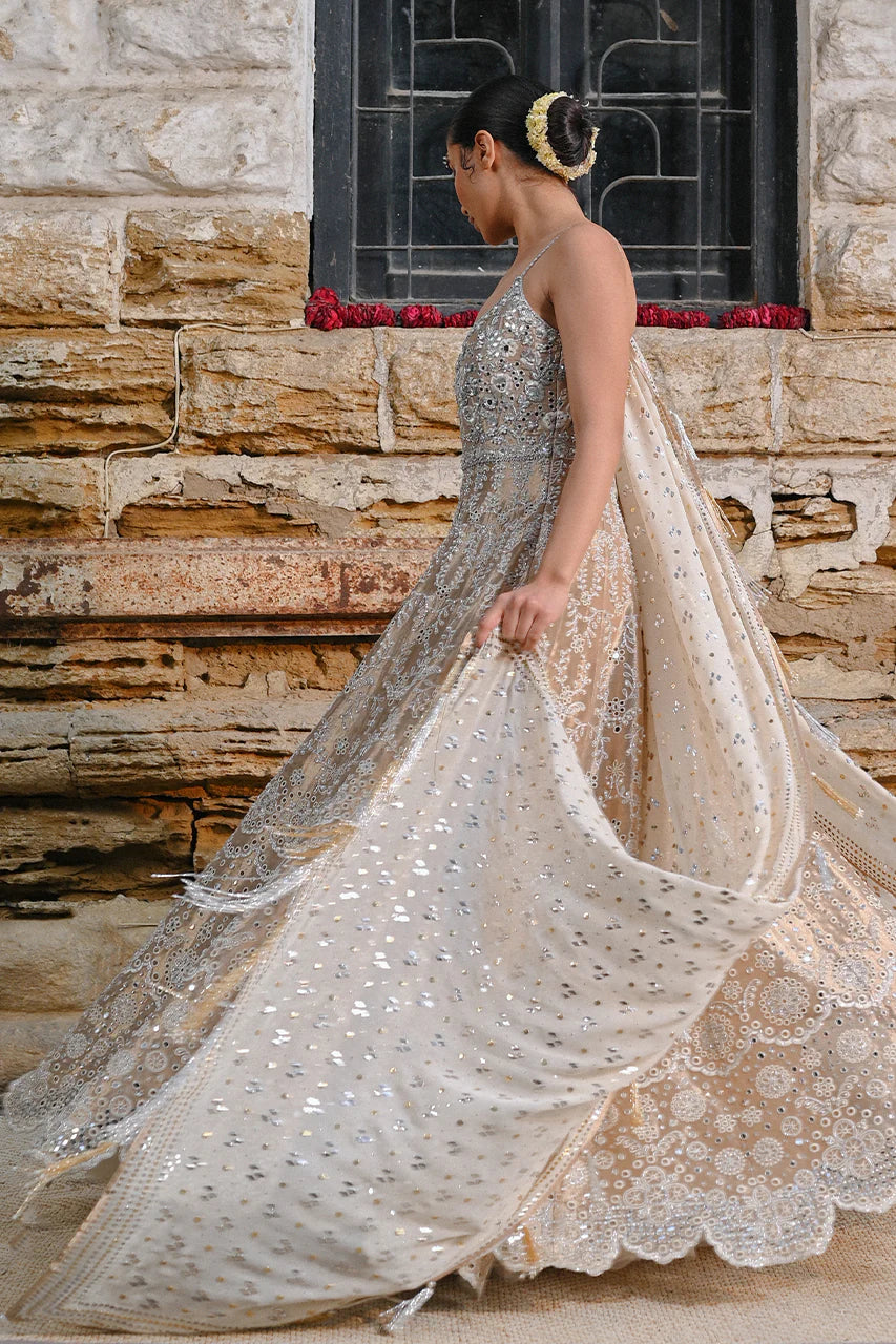 Pakistani Bridal Dress in Gown Dupatta Lehenga Style