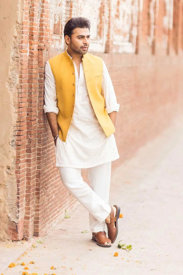 Yellow Waist Coat and White Self Printed Kurta