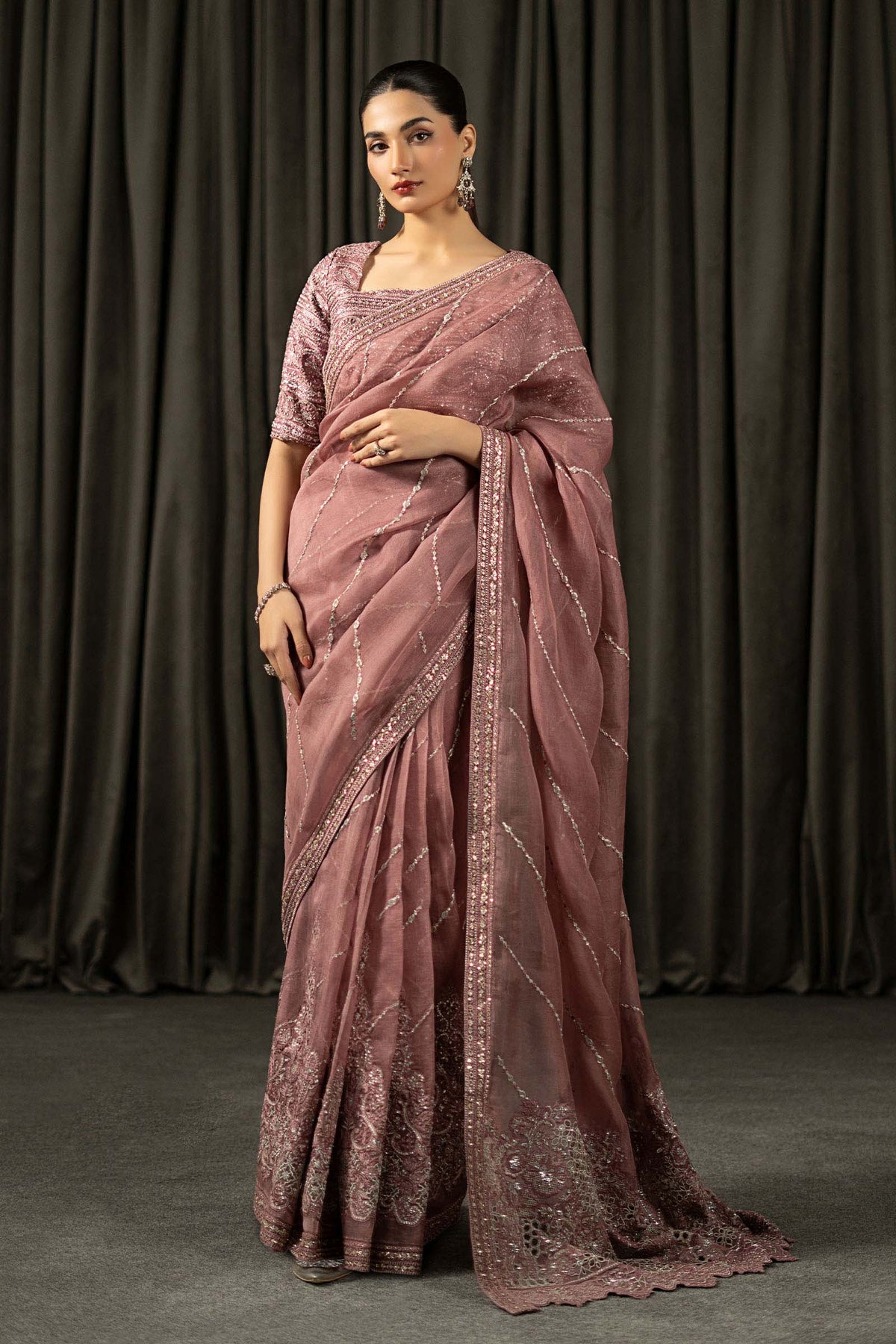 Embroidered Organza Saree - Pink