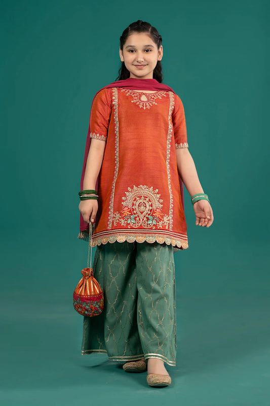 3 Piece Embroidered Raw Silk Suit