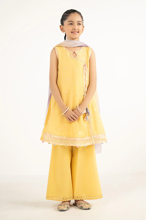 3 Piece Embroidered Paper Cotton Suit MKD-EF26-14-Yellow