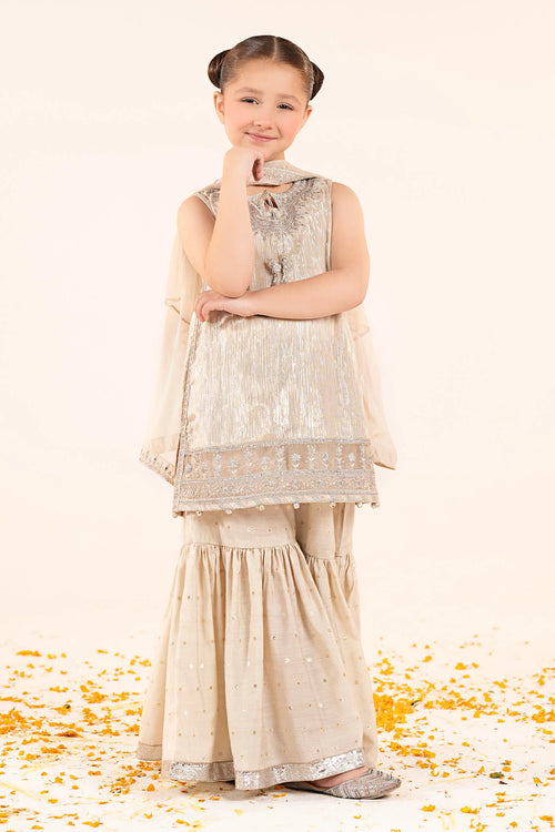 3 Piece Embroidered Shimmer Silk Suit-MKS-EF26-07-Off White