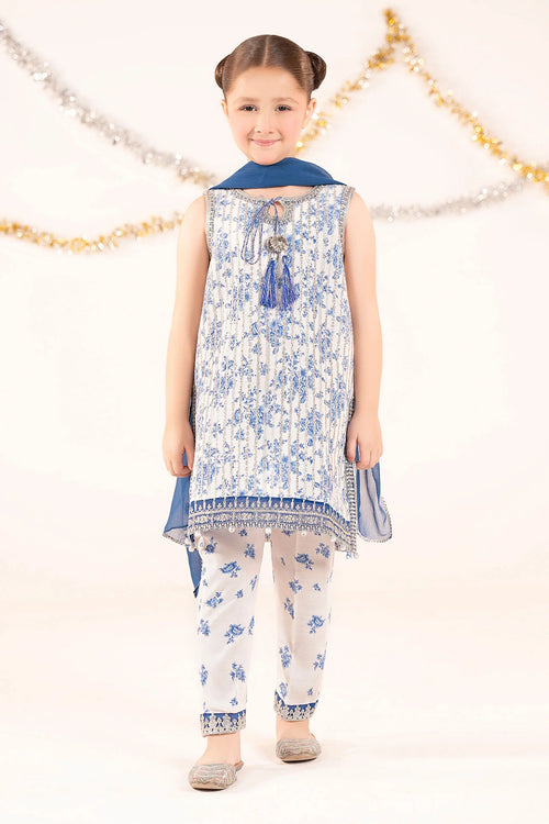 3 Piece Embroidered Raw Silk Suit-MKS-EF26-09-Blue