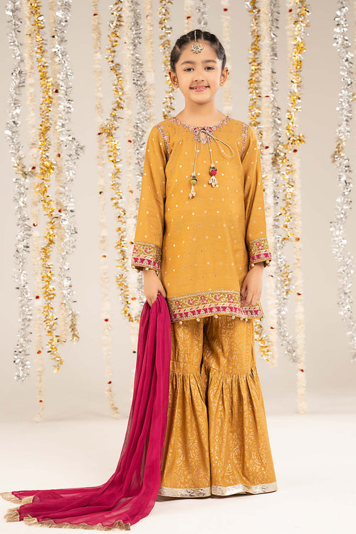 3 Piece Embroidered Lurex Jacquard Suit-MKS-EF26-13-Mustard