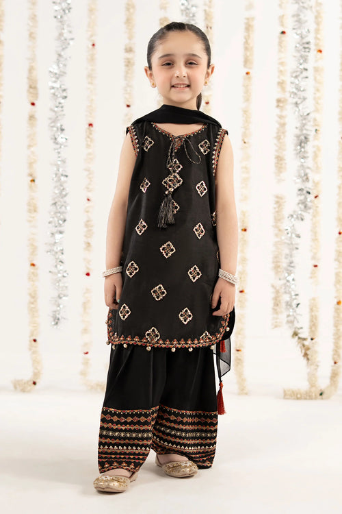 3 Piece Embroidered Raw Silk Suit-MKS-EF26-14-Black