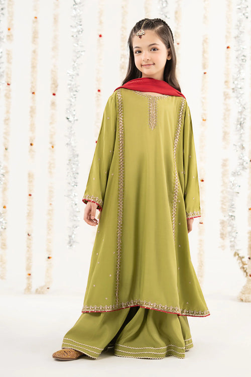 3 Piece Embroidered Raw Silk Suit-MKS-EF26-15-Olive Green