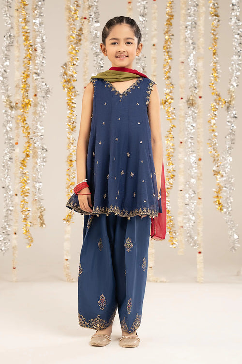 3 Piece Embroidered Cotton Net Suit-MKS-EF26-22-Dark Blue