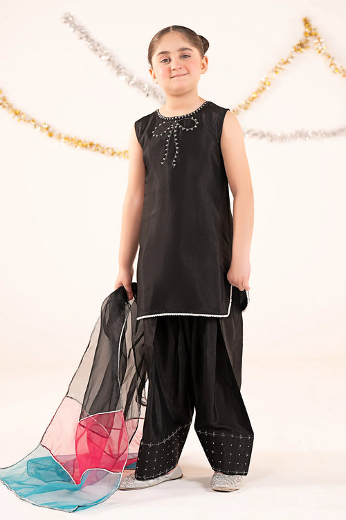 3 Piece Embellished Raw Silk Suit-MKS-EF26-26-Black