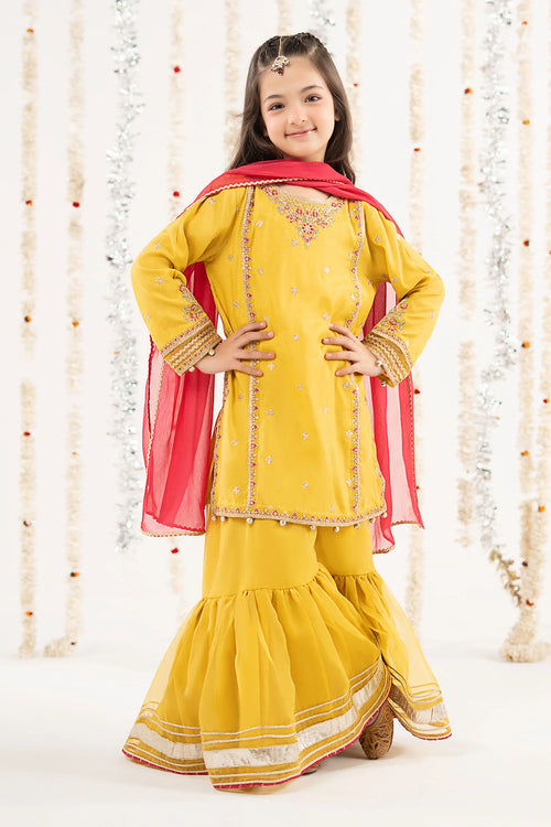 3 Piece Embroidered Raw Silk Suit-MKS-EF26-28-Yellow