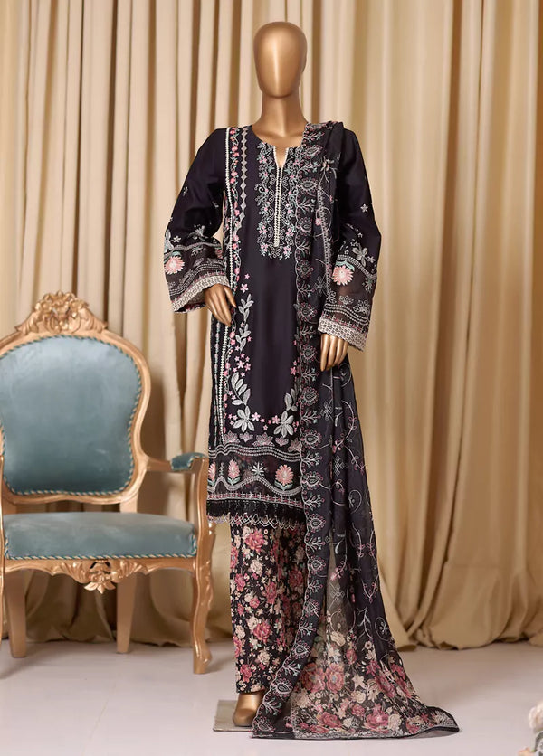 3 Piece Black Embroidered Cotton Suit with Trouser & Dupatta
