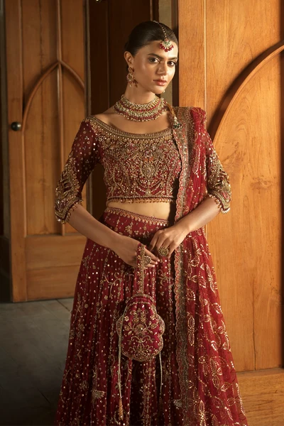 Nayla Vintage Garnet Lehenga Choli | Luxury Pakistani Bridal Couture by Sunia Manahil