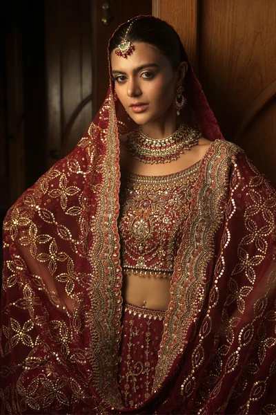 Nayla Vintage Garnet Lehenga Choli | Luxury Pakistani Bridal Couture by Sunia Manahil
