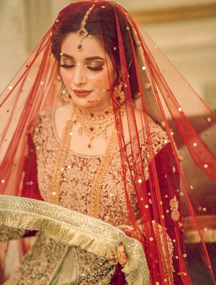 Classic Red Sequin Nikkah Dupatta with Lace