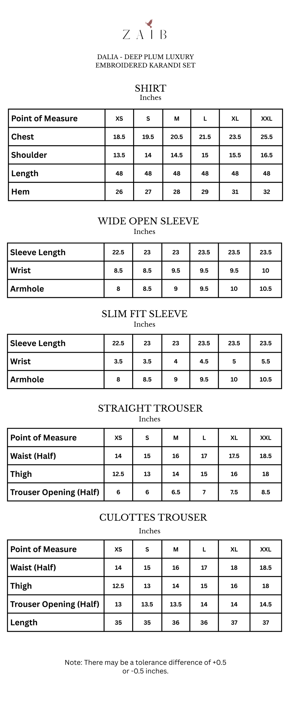 Dalia size chart