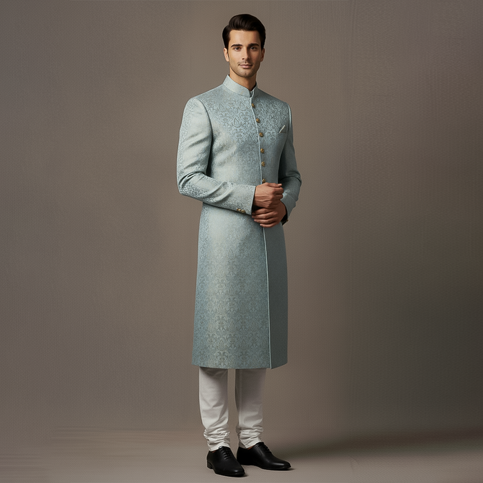 Premium Atlas Jamawar Pastel Blue Sherwani