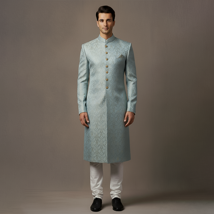 Premium Atlas Jamawar Pastel Blue Sherwani