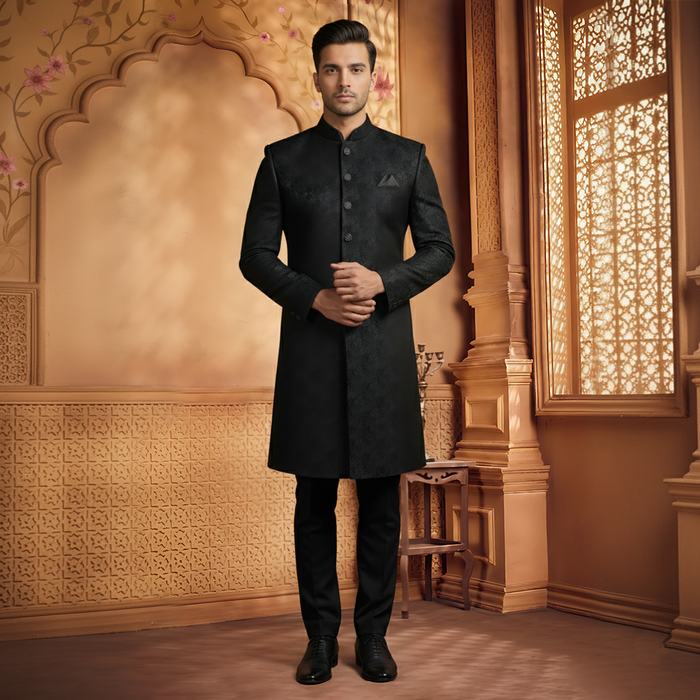 Premium Viscose Jamawar Black Traditional Sherwani