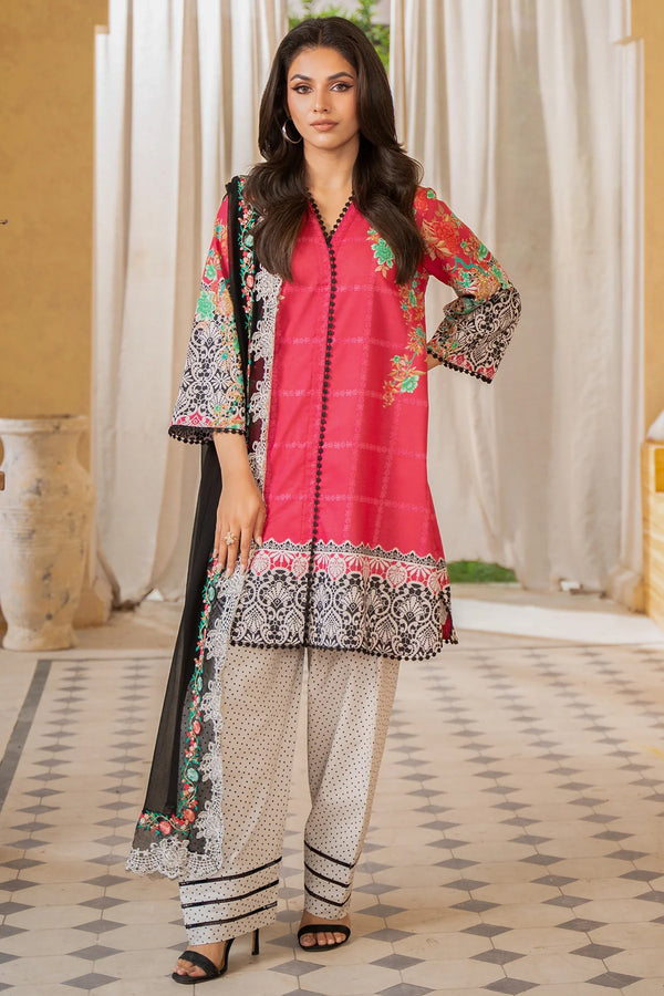 3-PC Printed Lawn Shirt with Embroidered Chiffon Dupatta with Trouser AS4-39