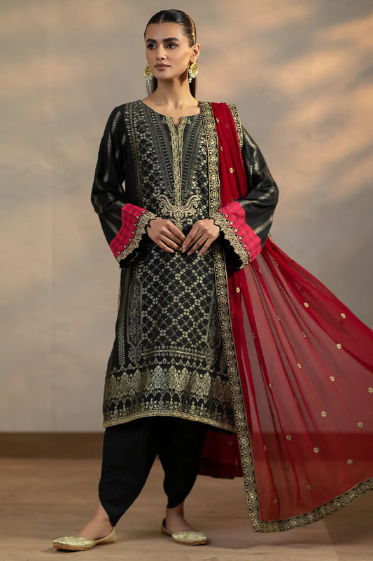 3 Pc Embroidered Cambric Jacquard with Embroidered Chiffon Dupatta CJ4-01