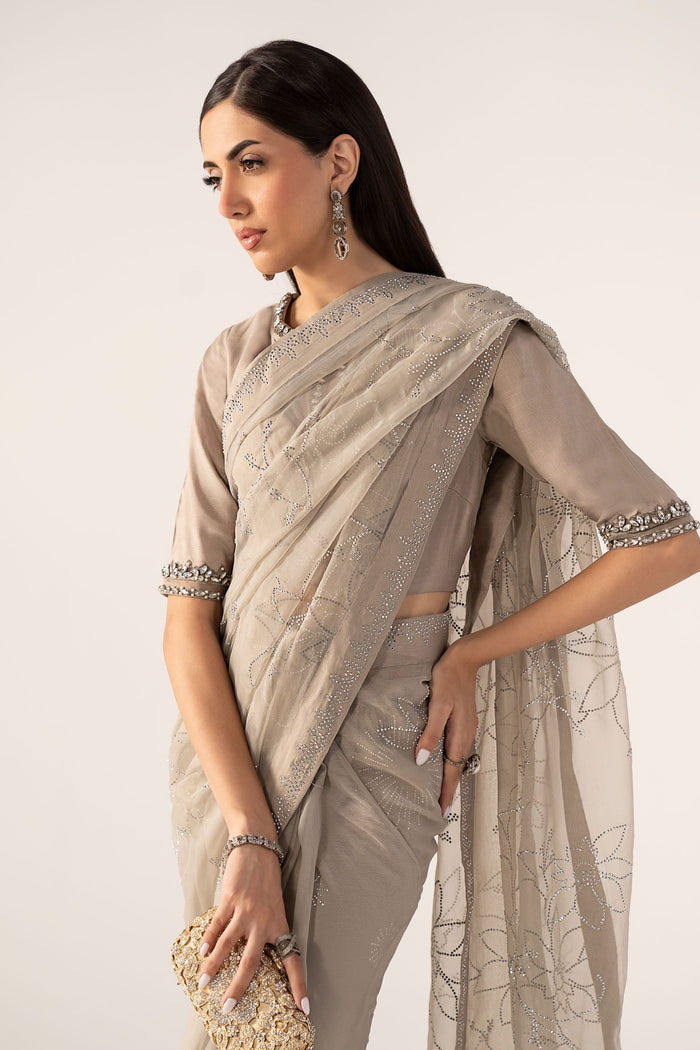 Embellished Chiffon Saree - Grey
