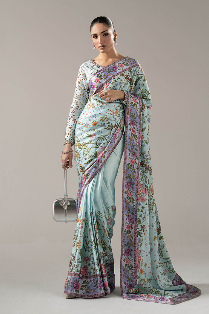 Embellished Charmeuse Saree - Aqua