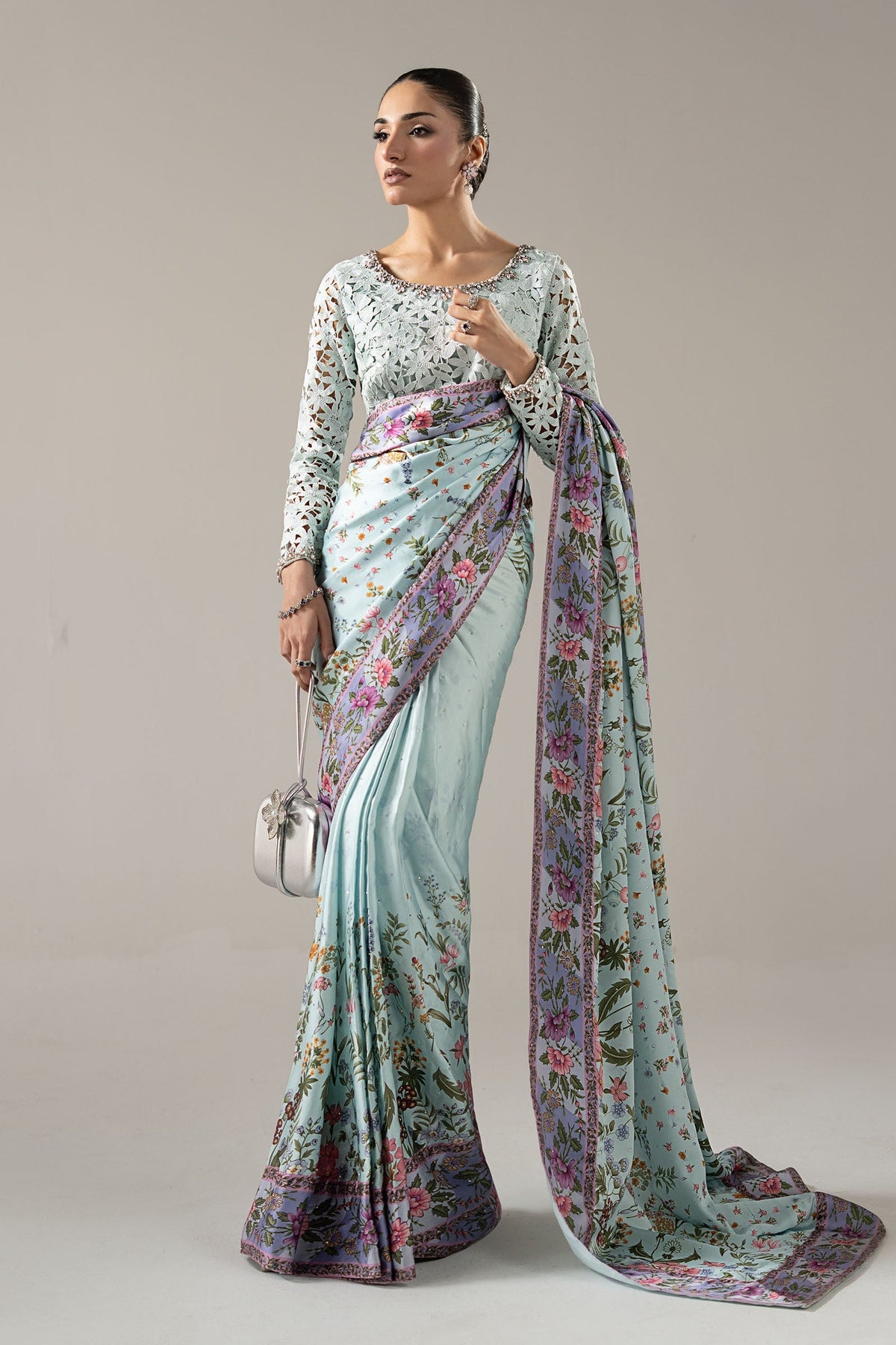 Embellished Charmeuse Saree - Aqua