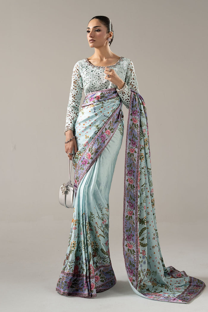 Embellished Charmeuse Saree - Aqua