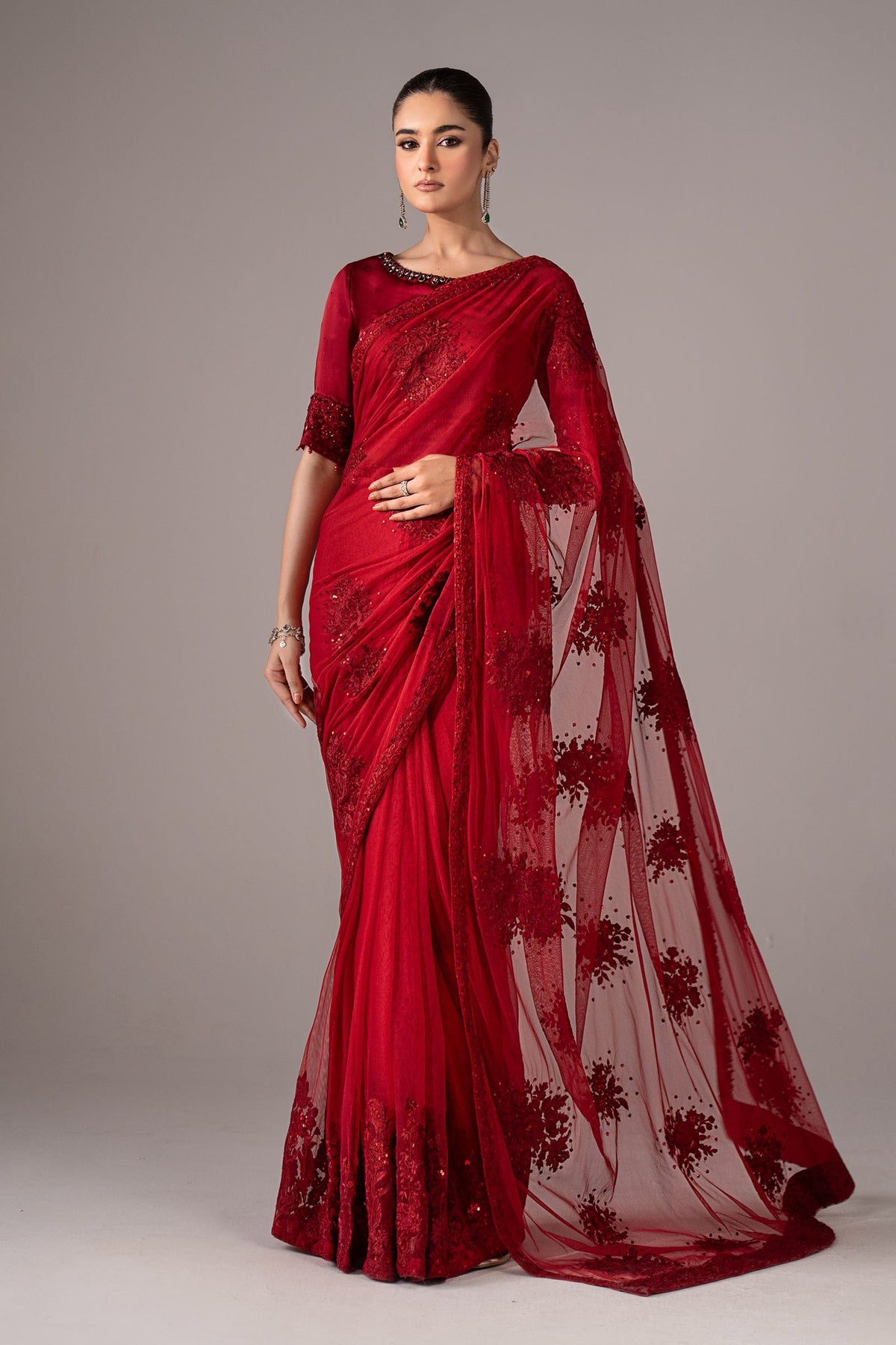 Embroidered Chiffon Saree - Red