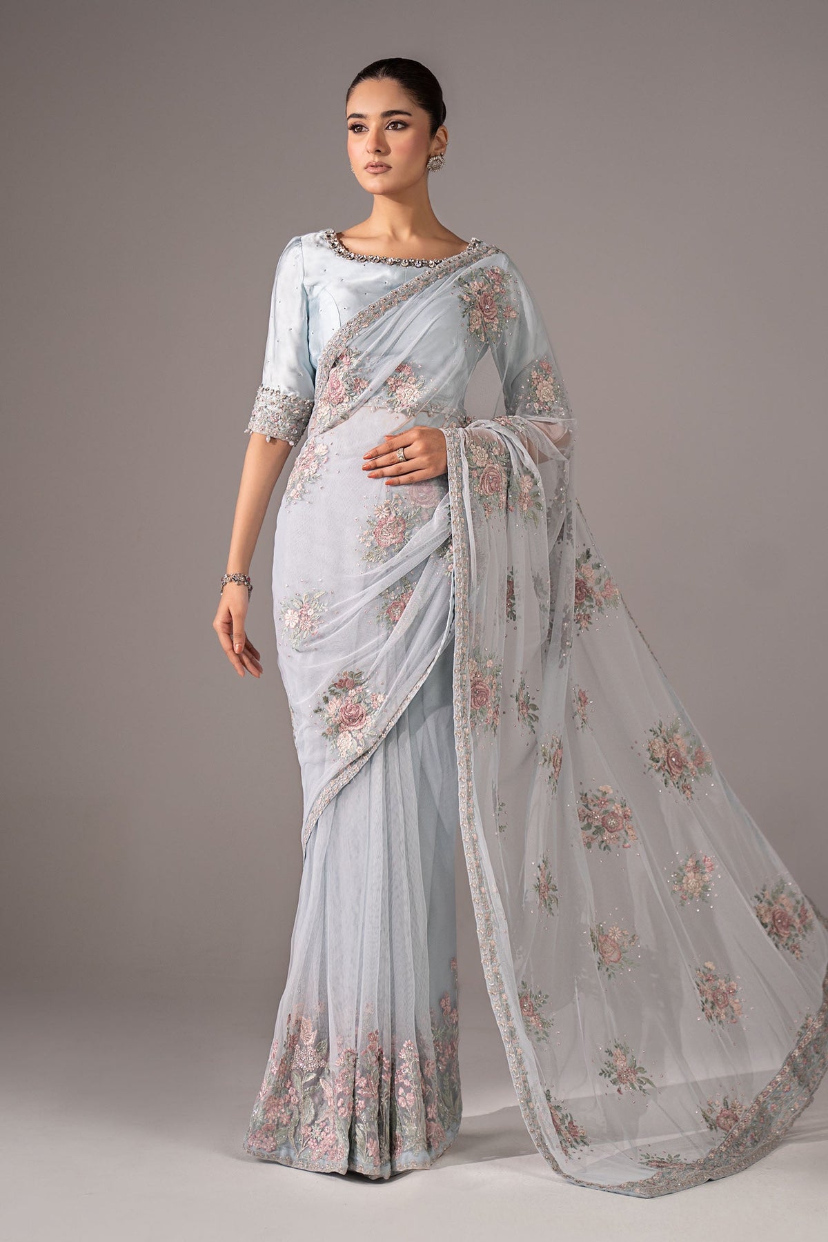 Embroidered Chiffon Saree - Ice Blue