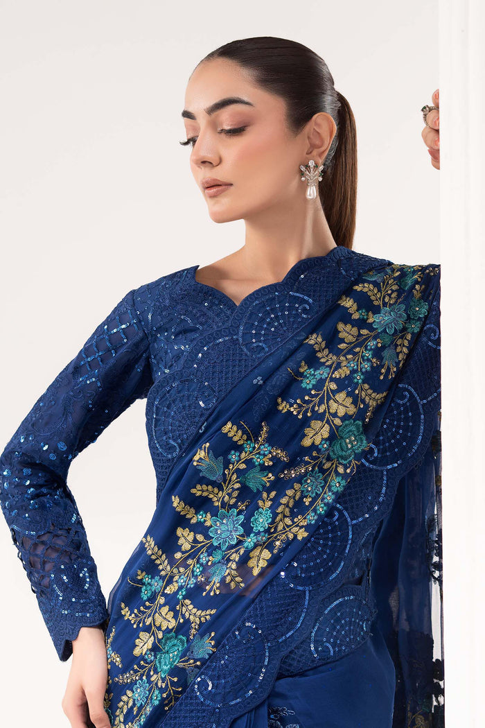 Embroidered Chiffon Saree - Blue