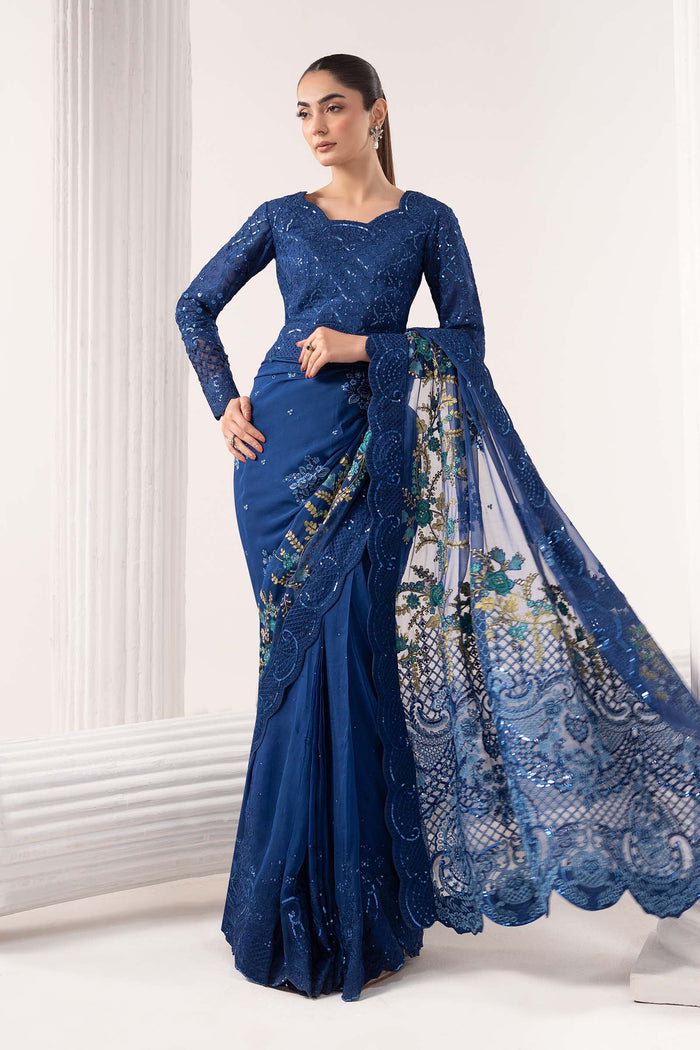Embroidered Chiffon Saree - Blue