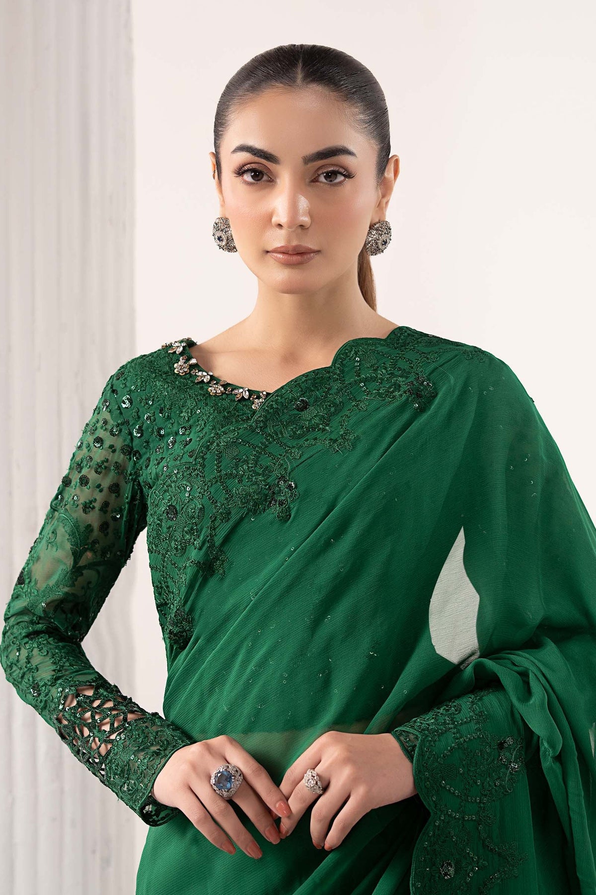 Embroidered Chiffon Saree - Green