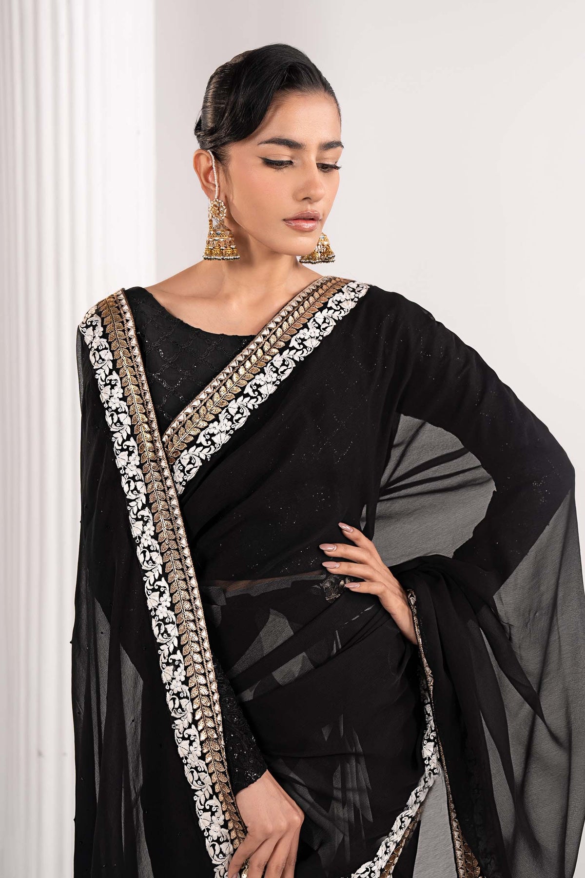 Embroidered Chiffon Saree - Black