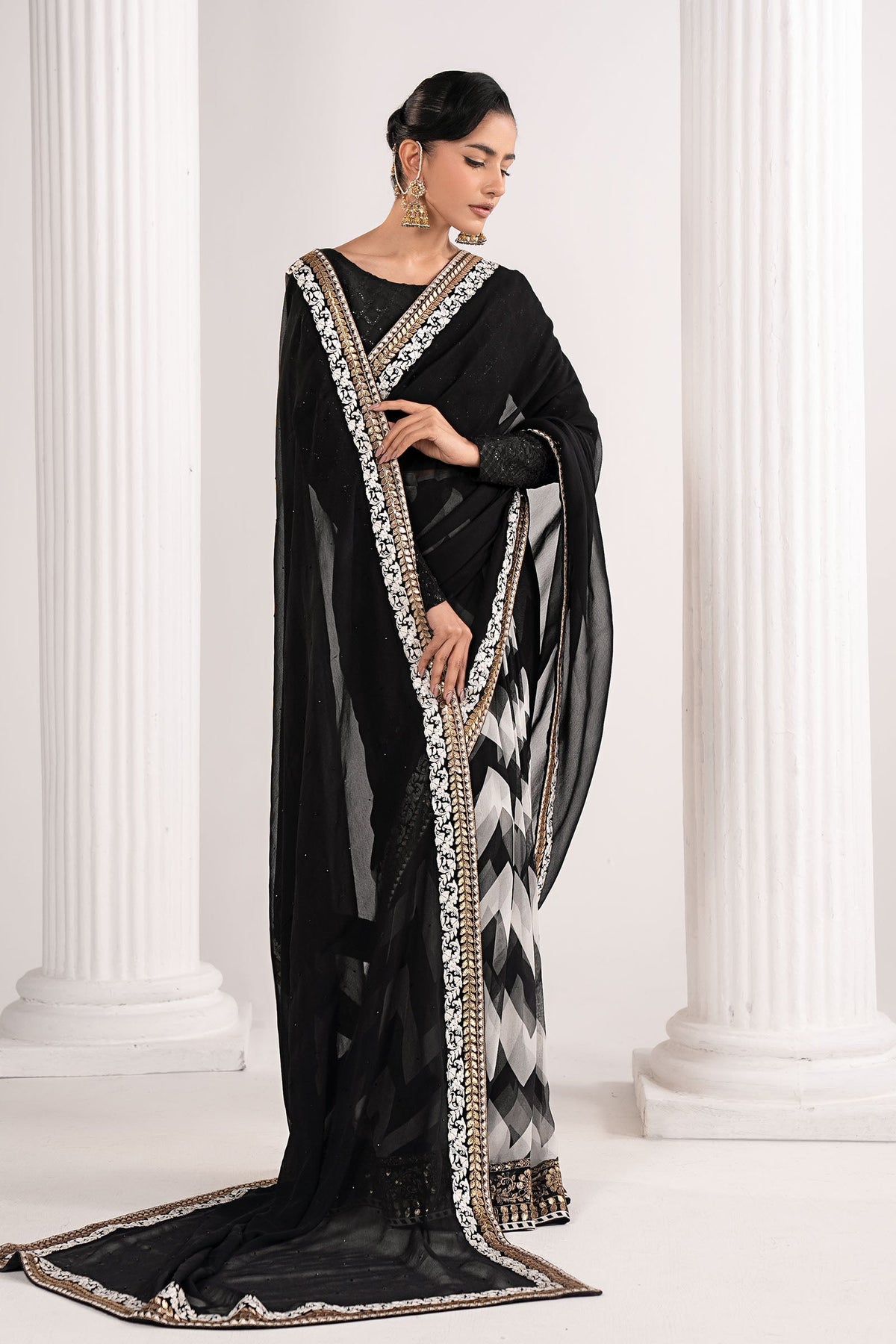 Embroidered Chiffon Saree - Black
