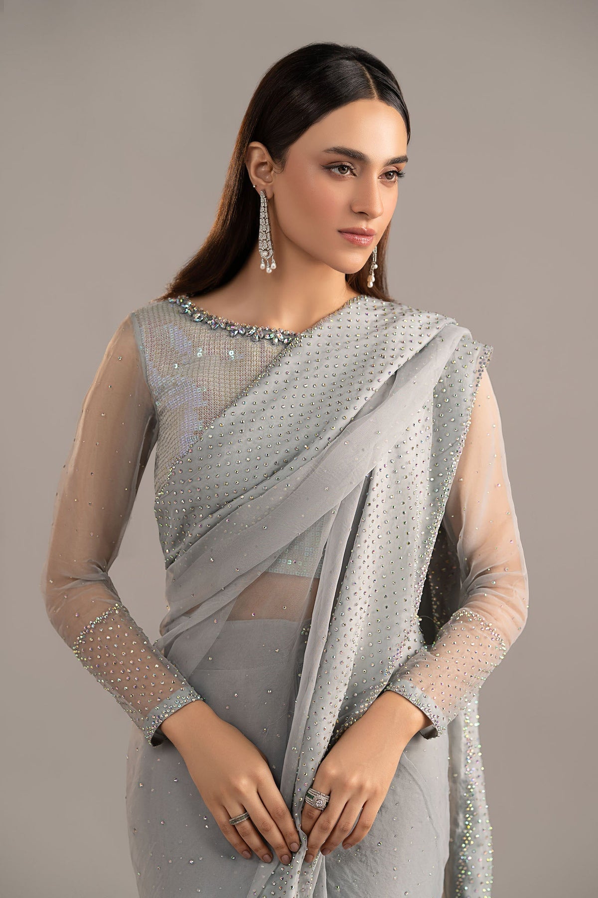 Embellished Organza Saree - Ice Blue