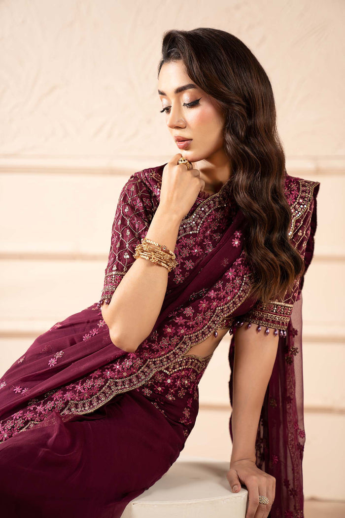 Embroidered Chiffon Saree - Plum