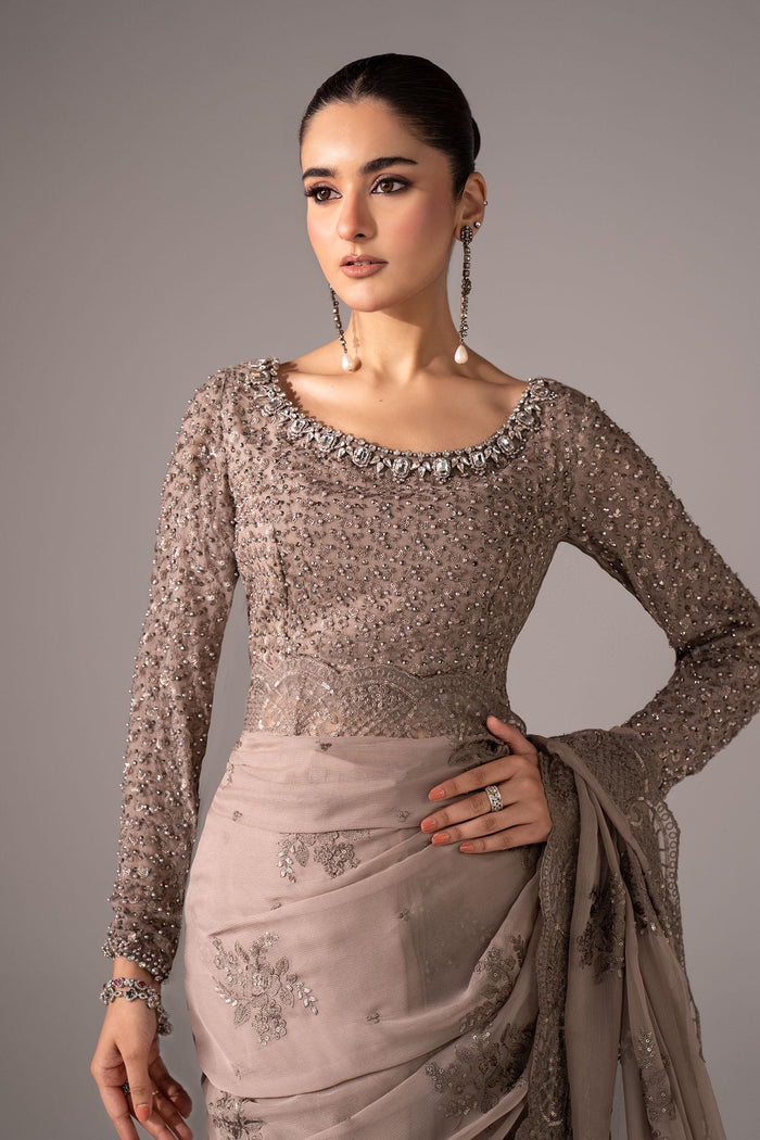 Embroidered Chiffon Saree - Grey