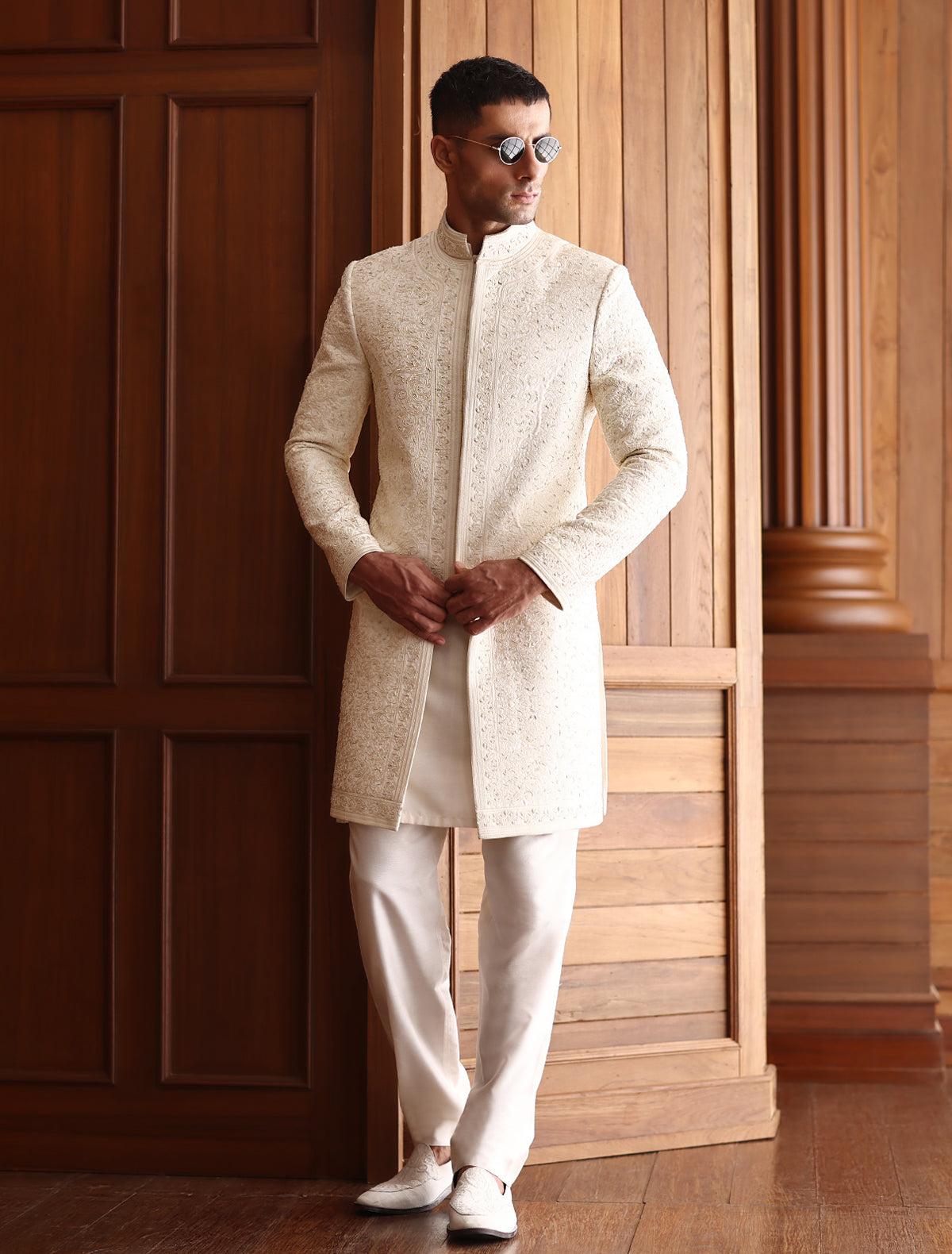 Cream Short Length Embroidered Sherwani