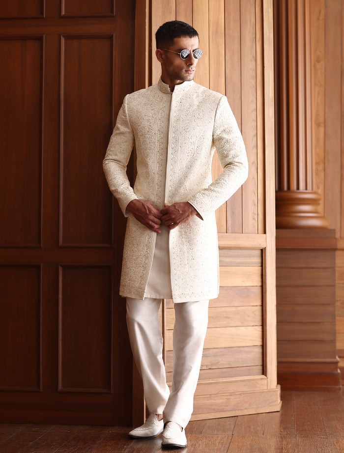 Cream Short Length Embroidered Sherwani