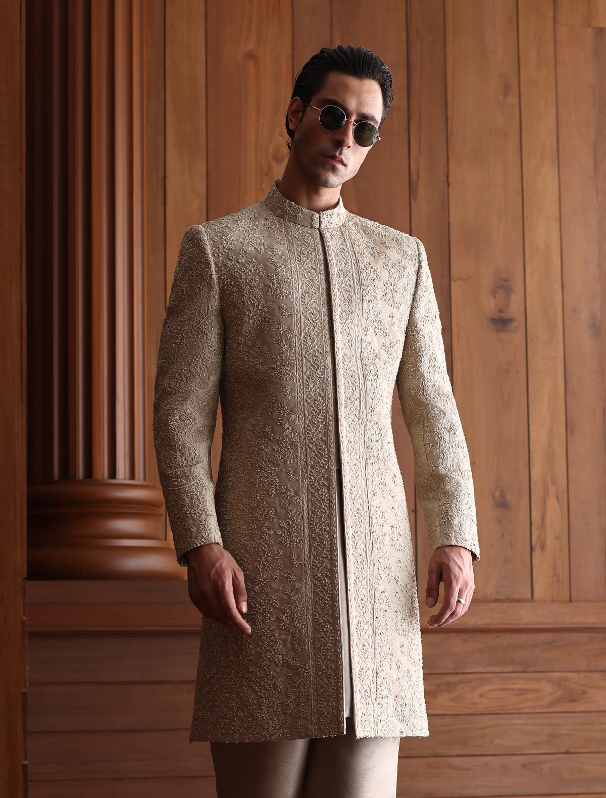 Fawn Short Length Hand Embroidered Sherwani
